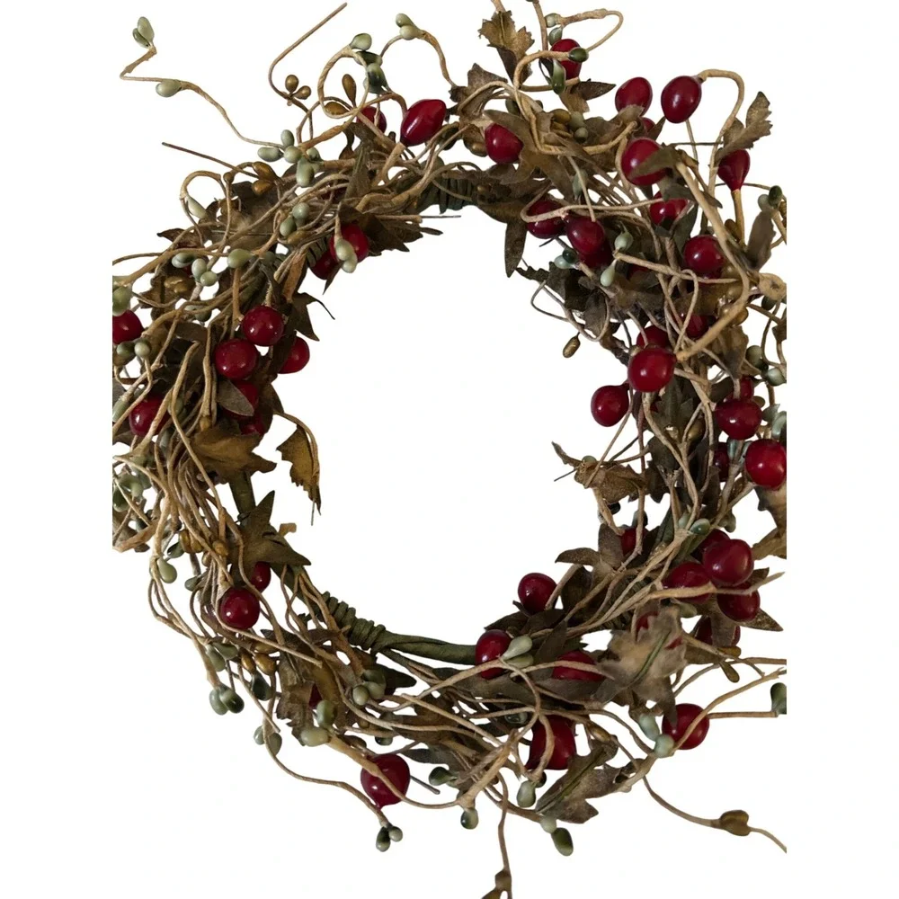 Rustic Berry Leaf Candle Ring Wreath Autumn Fall Decor 8